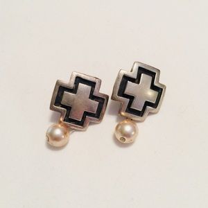 Silver Cross Pearl Dangle Earrings